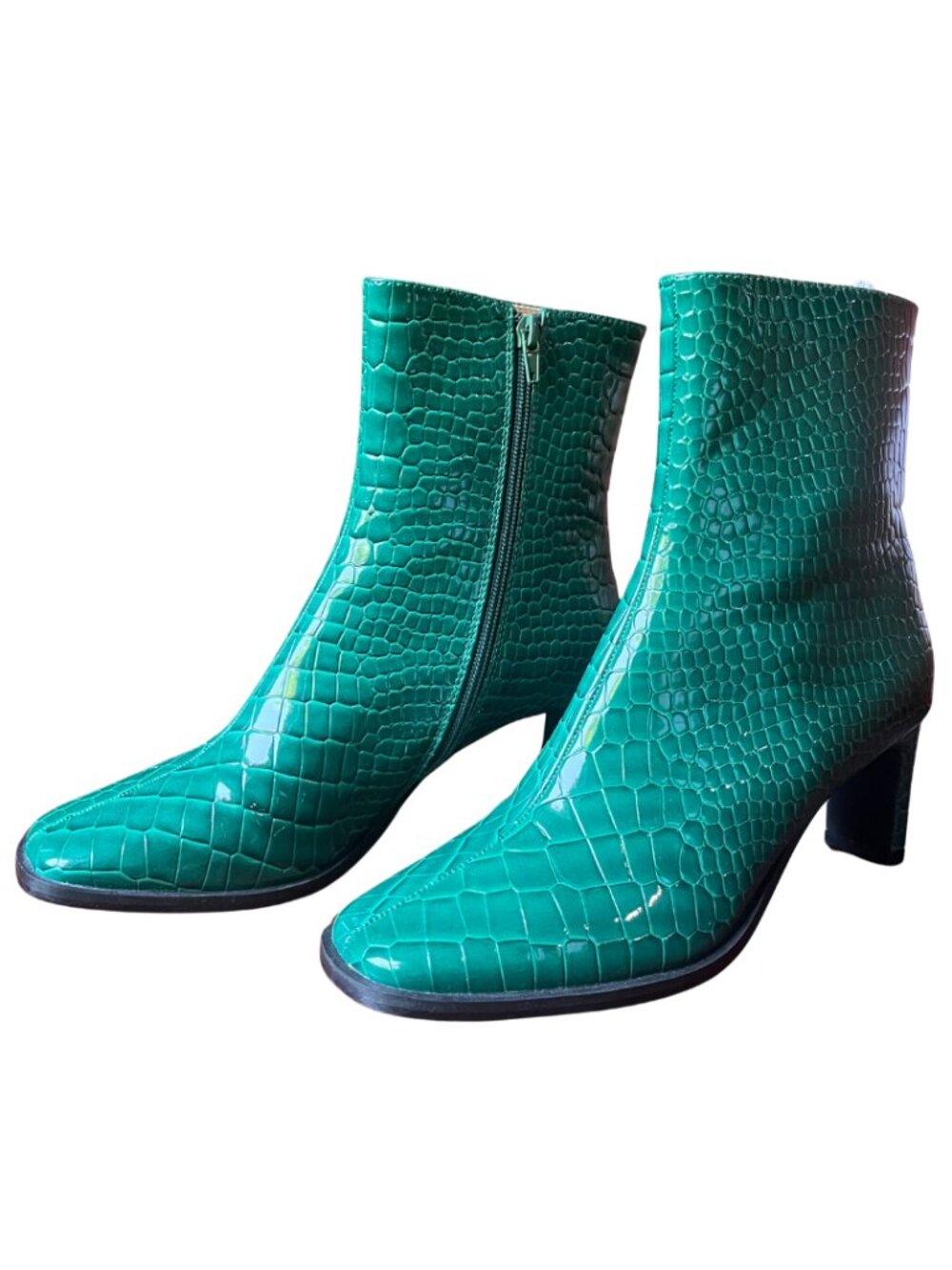 PIECES Green Crocodile Block Heel Boots